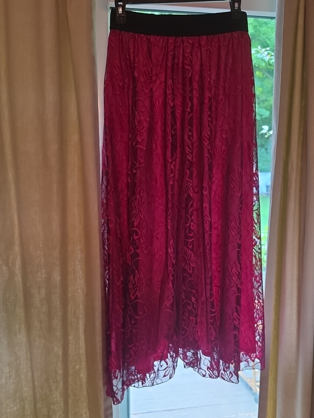 LuLaRoe Dark Pink Lace Maxi Skirt with Black Waistband